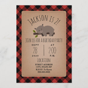 Invitation Sleeping Bear Cub Lumberjack Plaid Anniversaire