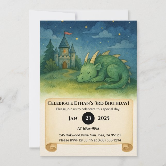 Invitation Sleeping Dragon Under Starry Sky Birthday (Devant)