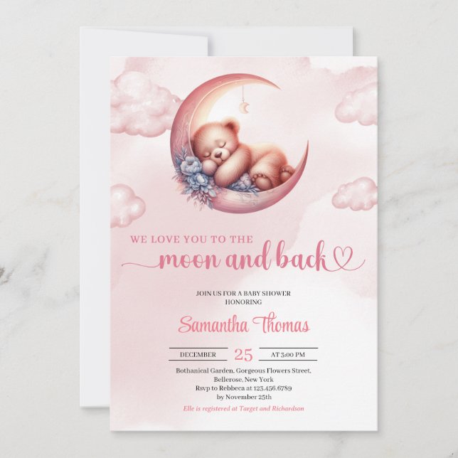 Invitation Sleeping Teddy ours lune et dos fille baby shower (Devant)