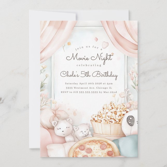 Invitation Sleepover Anniversaire Soirée cinéma Fille anniver (Devant)