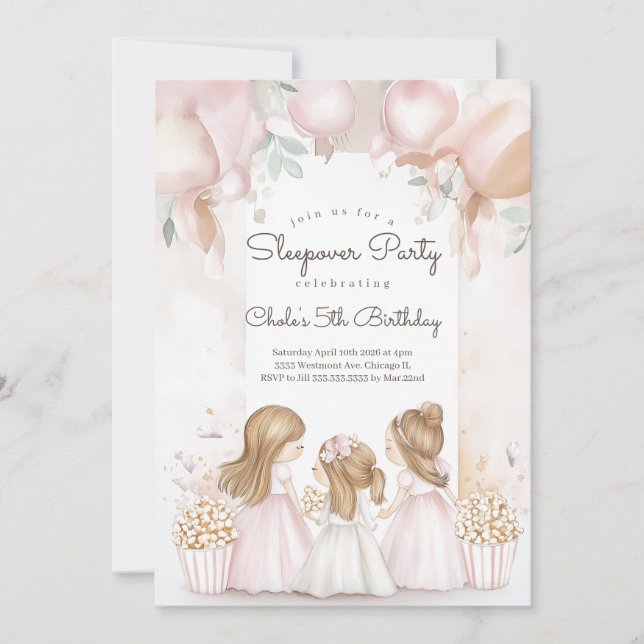 Invitation Sleepover Anniversaire Soirée cinéma Fille anniver (Devant)