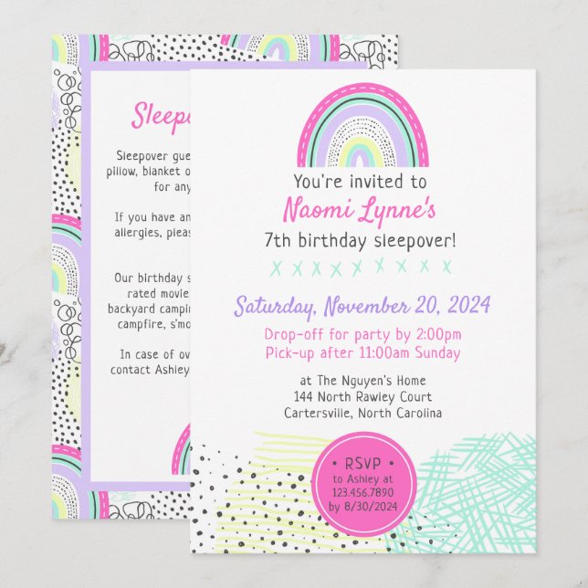 Invitation Sleepover d'anniversaire de la fille Rainbow 90 Pa (Devant / Derrière)
