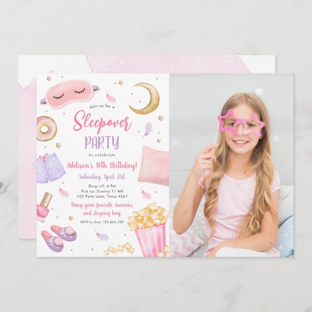 Invitation Sleepover Fête Fille Spa Rose Anniversaire (Devant / Derrière)