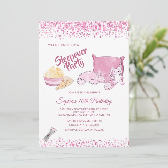 Invitation Sleepover Fête Fille Spa Rose Anniversaire (Debout devant)