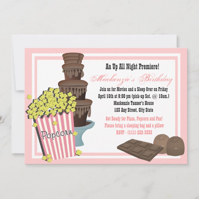 Invitation Sleepover film Popcorn et chocolat (Devant)