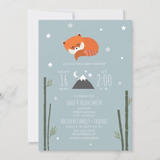 Invitation Sleepy Red Panda Bamboo Blue Boy Baby shower (Devant)