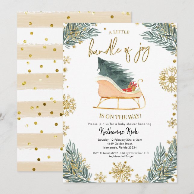 Invitation Sleigh Baby shower Petit ensemble de joie (Devant / Derrière)