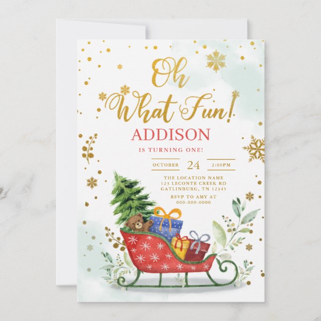 Invitation Sleigh Oh What Fun Winter 1er Anniversaire Invitat (Devant)