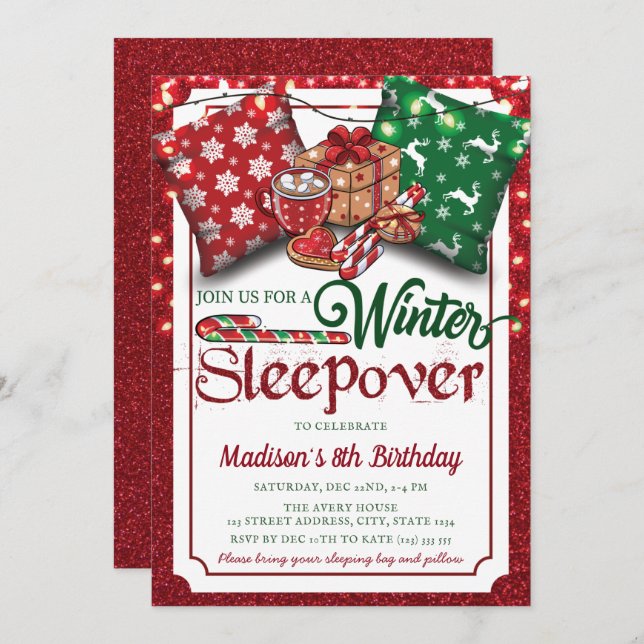 Invitation Slepover d'hiver Fête d'anniversaire Parties scint (Devant / Derrière)