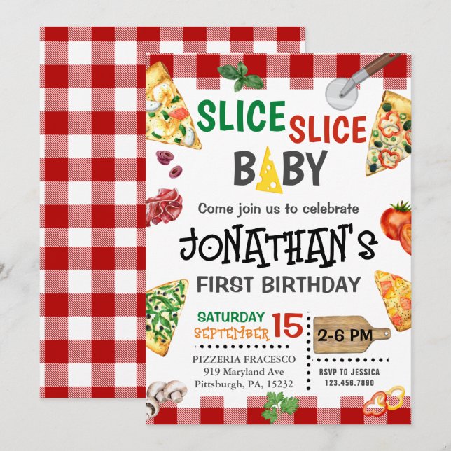 Invitation Slice Baby Pizza Party 1er anniversaire (Devant / Derrière)