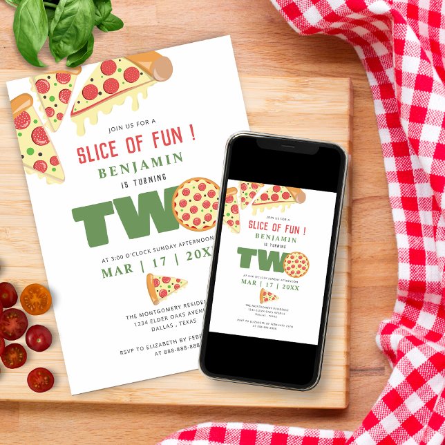 Invitation Slice Moderne De Fun 2e Anniversaire Pizza Party B (Créateur téléchargé)