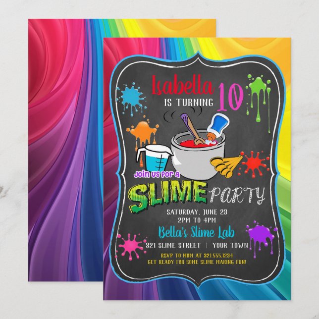 Invitation Slim Time Primaire arc-en-ciel fête d'anniversaire (Devant / Derrière)