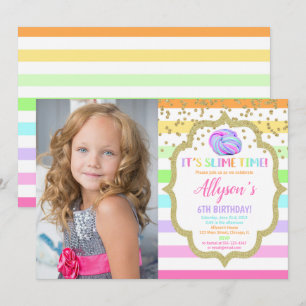 Invitation Slime d'anniversaire photo pastel rainbow girl