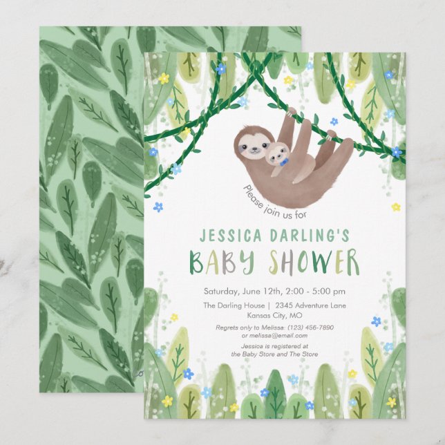Invitation Sloth Baby Boy Bow Cravate douche Jungle Thème (Devant / Derrière)