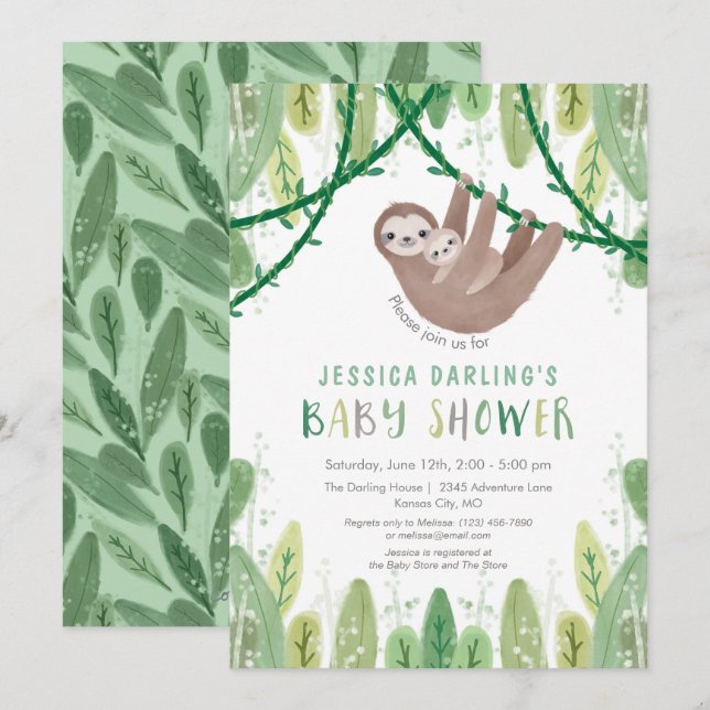 Invitation Sloth Baby Boy Douche Jungle Thème (Devant / Derrière)