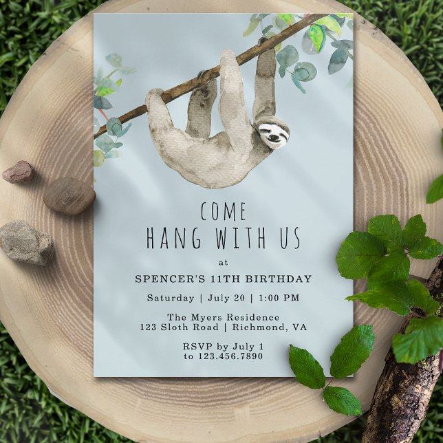 Invitation Sloth Come Hang | Sky Blue Fun Anniversaire de enf (Créateur téléchargé)