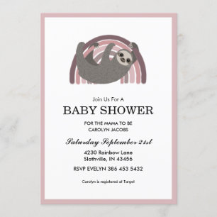 Invitation Sloth Rainbow Mauve Baby Girl Baby shower