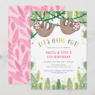 Invitation Sloth TWIN GIRL Anniversaire en rose et blanc
