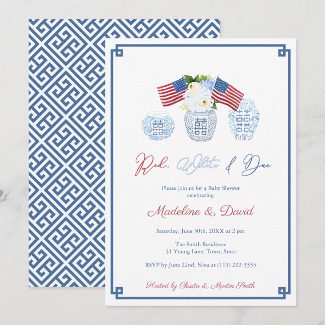 Invitation Smart Red White Due Chinoiserie Baby shower Party (Devant / Derrière)