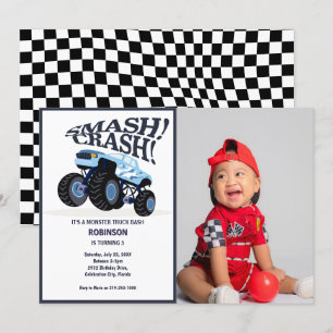 Invitation Smash Crash - Moderne Blue Monster Photo Camion
