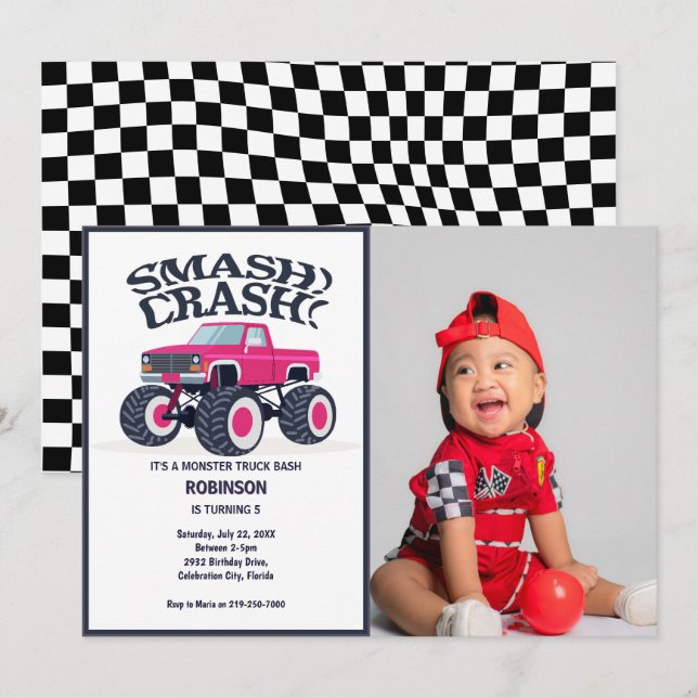 Invitation Smash Crash - Moderne Monster Rose Photo Camion (Devant / Derrière)