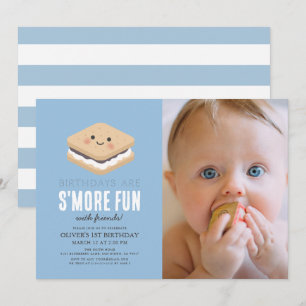 Invitation S'more Fun Kawaii Blue Boy 1er Birthday Photo