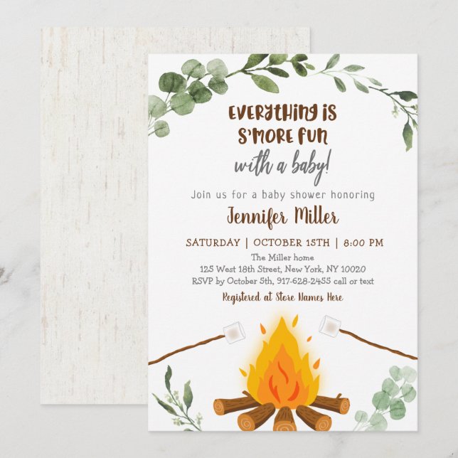 Invitation S'mores Campfire Bonfire Baby shower de verdure In (Devant / Derrière)