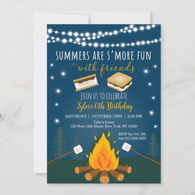 Invitation S'mores Camping Feu de feu de camp Anniversaire (Devant)