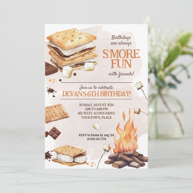 Invitation S'mores fête d'anniversaire (Debout devant)