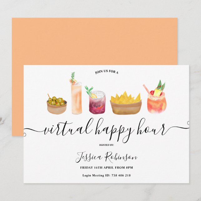 Invitation Snacks cocktails aquarelle heures heureuses virtue (Devant / Derrière)
