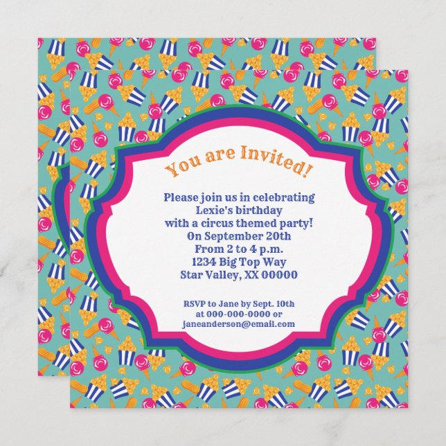 Invitation Snacks de cirque coloré et Montrer Ponies Annivers (Devant / Derrière)