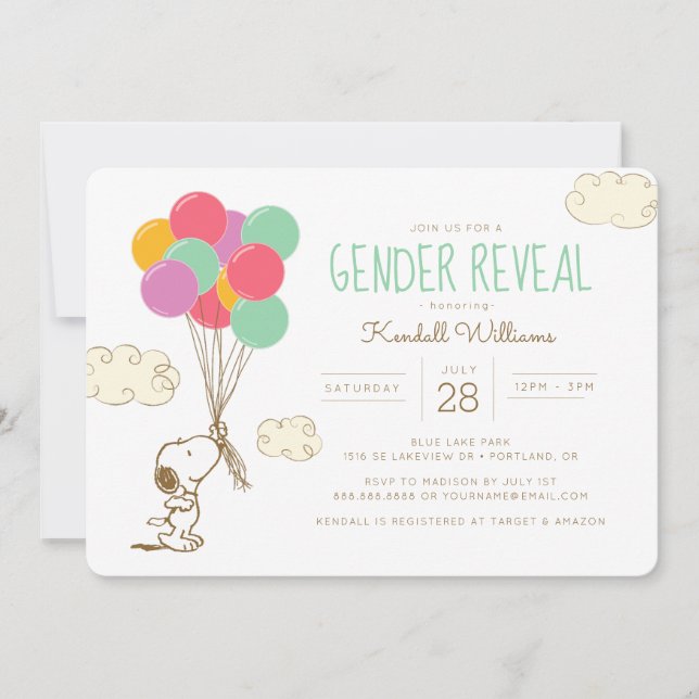 Invitation Snoopy et ballons Baby shower de révélation de gen (Devant)