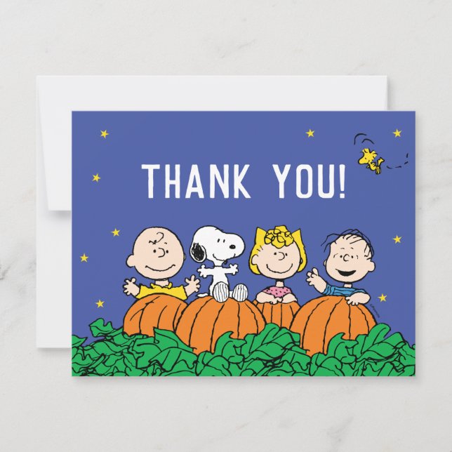 Invitation Snoopy et Citrouille premier anniversaire Merci (Devant)