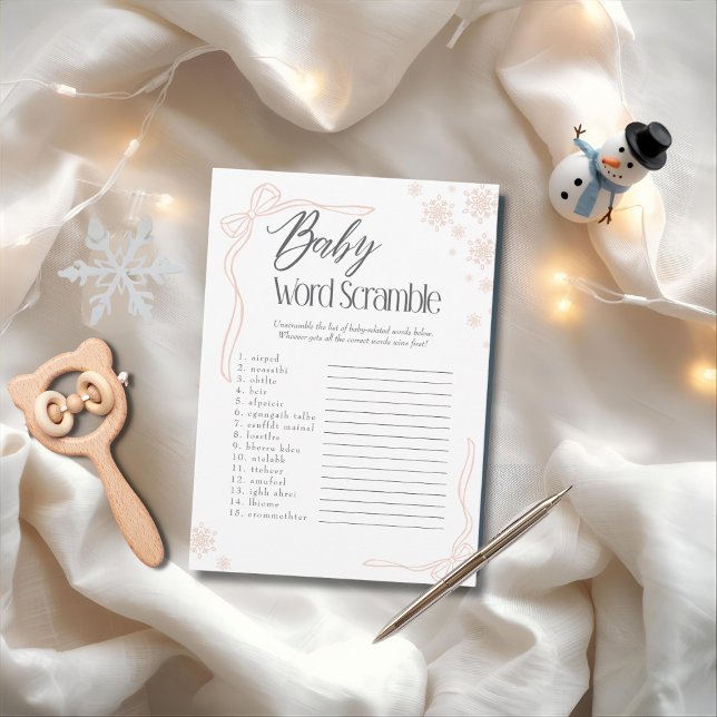 Invitation Snow Taupe Bow Baby Word Scramble Jeu (Frosty Taupe Bow Baby Word Scramble Game)