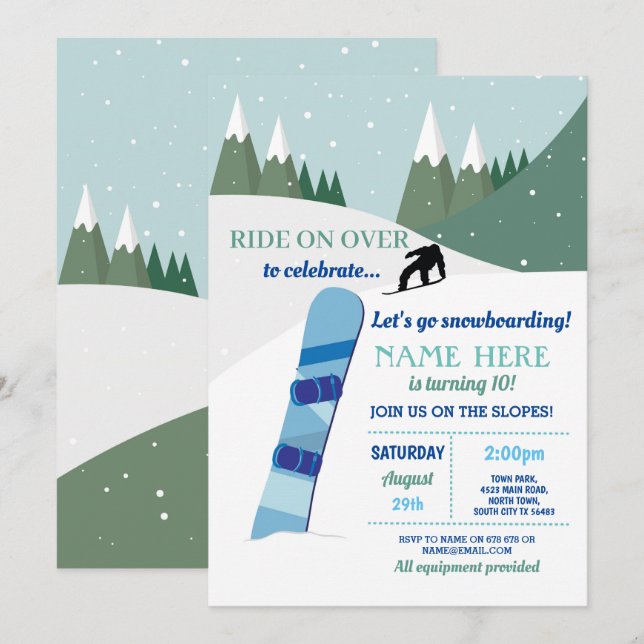 Invitation Snowboard Anniversaire Fête Pistes Ski Neige (Devant / Derrière)
