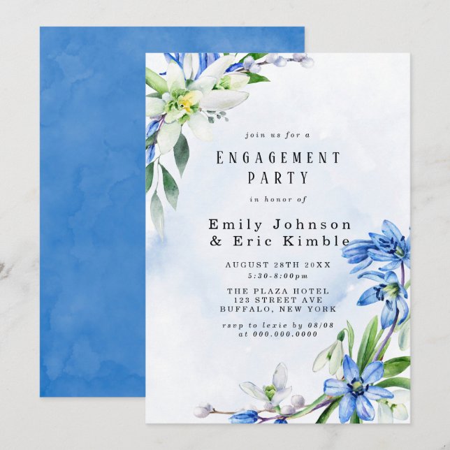 Invitation Snowdrops Scilla Spring Floral Engagement Party (Devant / Derrière)