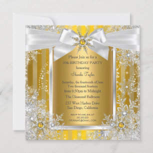 Invitation Snowflake Gold Silver Bow Winter Wonderland Party