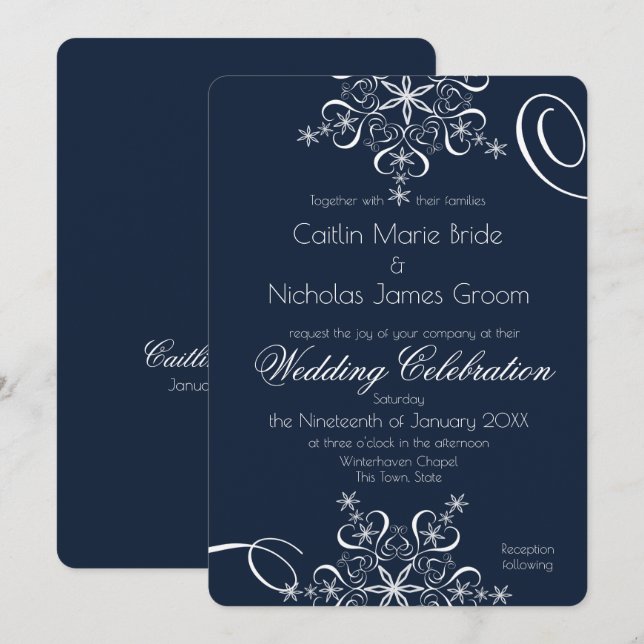 Invitation Snowflake Marine Blue Elegance Mariage d'hiver (Devant / Derrière)