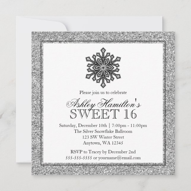 Invitation Snowflake Parties scintillant Silver Sweet 16 hive (Devant)