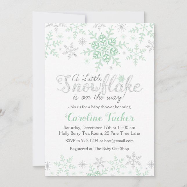 Invitation Snowflakes Baby shower Mint vert & argent (Devant)