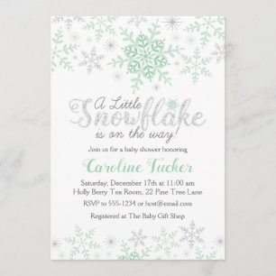 Invitation Snowflakes Baby shower Mint vert & argent