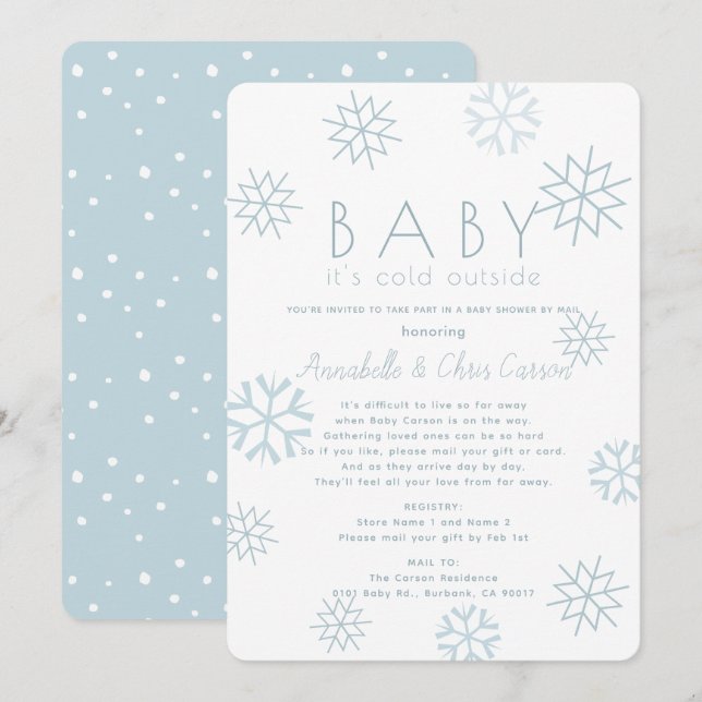 Invitation Snowflakes Baby Son Baby shower bleu froid par cou (Devant / Derrière)