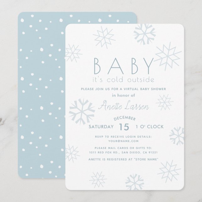Invitation Snowflakes Baby Son Baby shower virtuel bleu froid (Devant / Derrière)