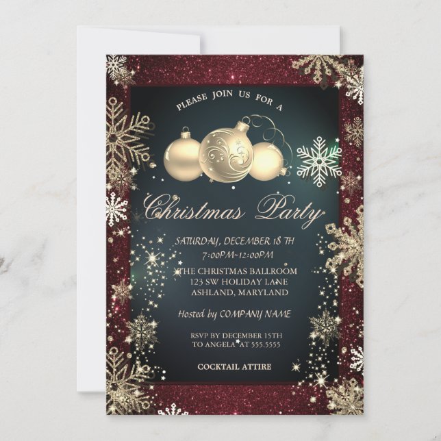 Invitation Snowflakes, Balls Red Parties scintillant (Devant)