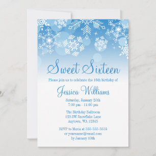 Invitation Snowflakes Blue White Winter Wonderland Sweet 16