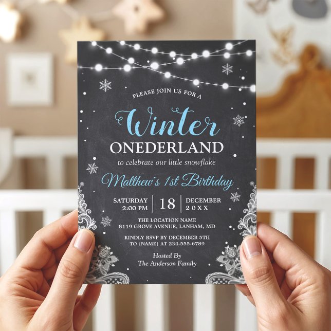 Invitation Snowflakes Chalkboard dentelle bébé garçon premier (Créateur téléchargé)