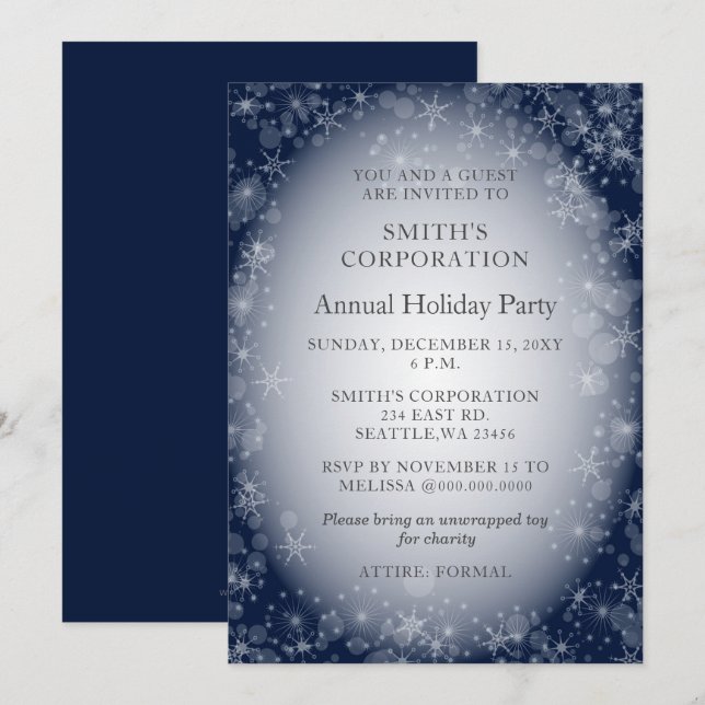 Invitation Snowflakes de la marine Élégante fête de vacances  (Devant / Derrière)
