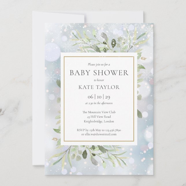 Invitation Snowflakes d'hiver Baby shower verdoyant (Devant)