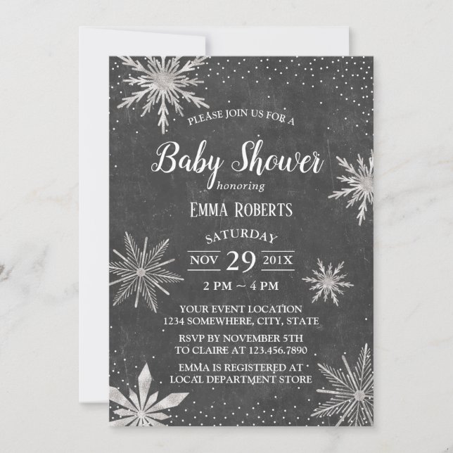 Invitation Snowflakes d'hiver Élégant Baby shower de Chalkboa (Devant)