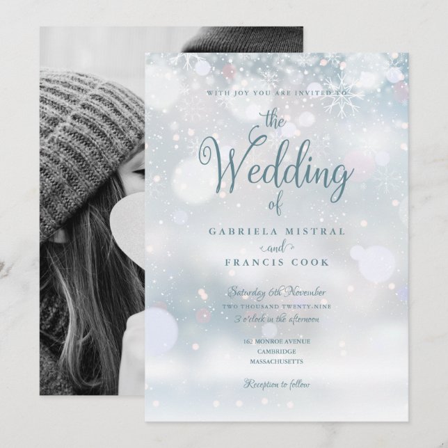 Invitation Snowflakes d'hiver Élégant script Mariage photo (Devant / Derrière)